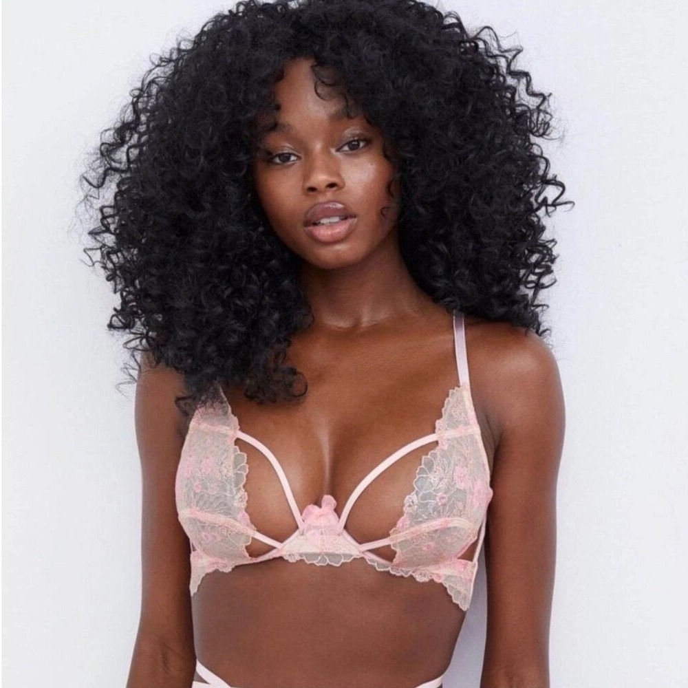 For Love & Lemons Bra Womens Large Pink Lace Floral Strappy Cutout Bralette Chic